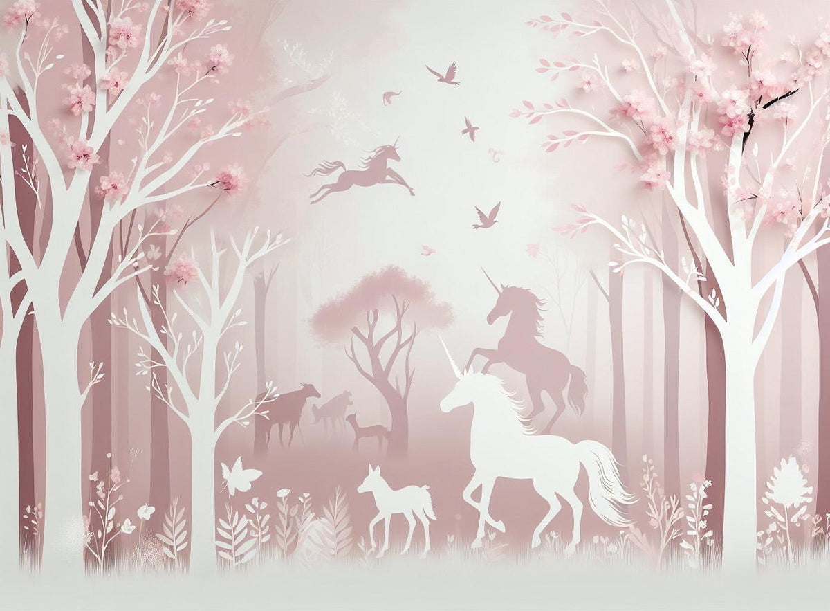 Papier peint licorne forêt rose