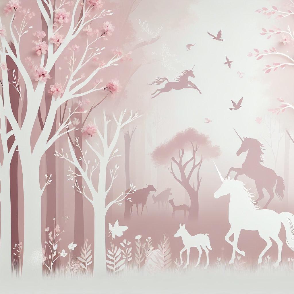 Papier peint licorne forêt rose