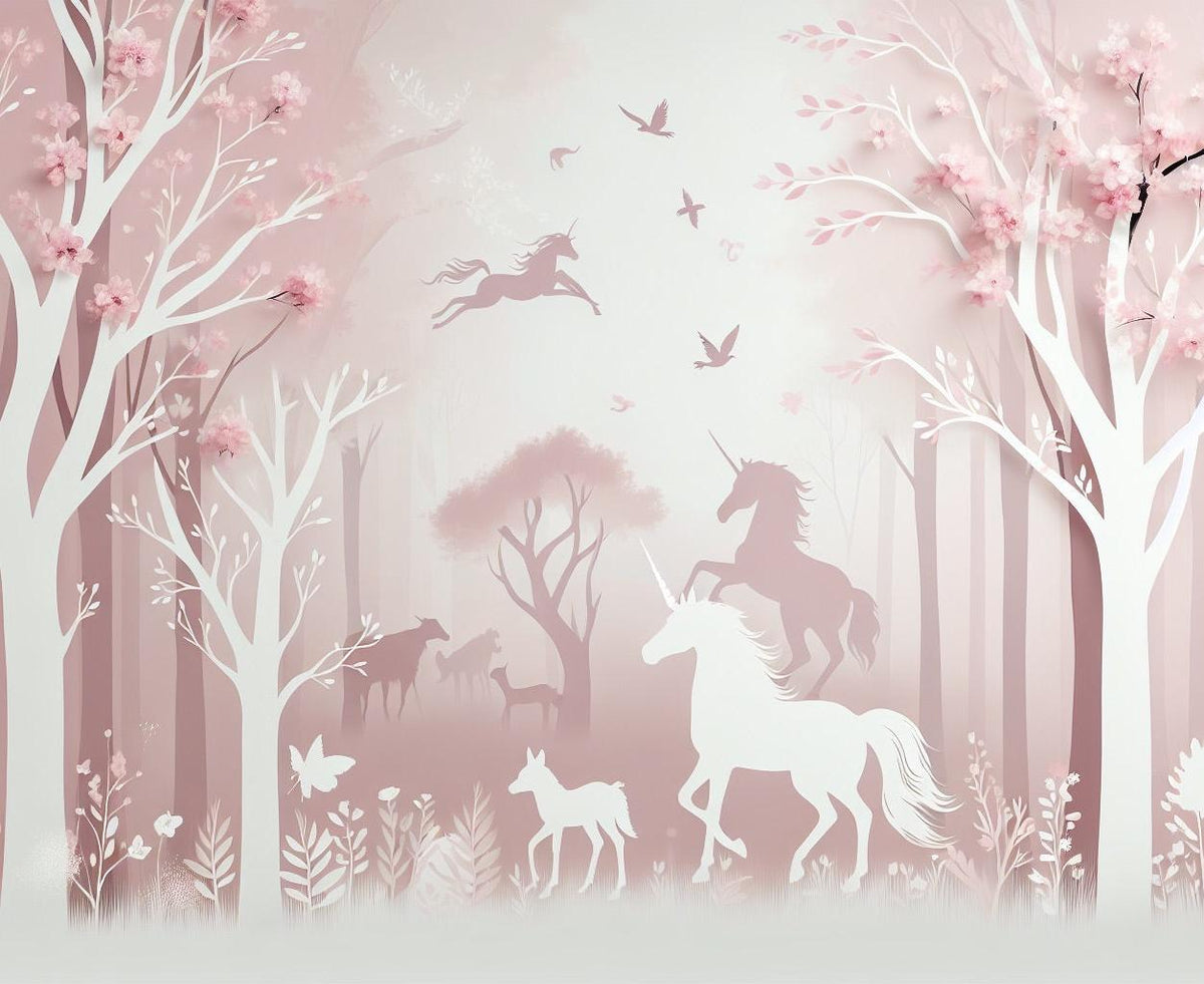 Papier peint licorne forêt rose