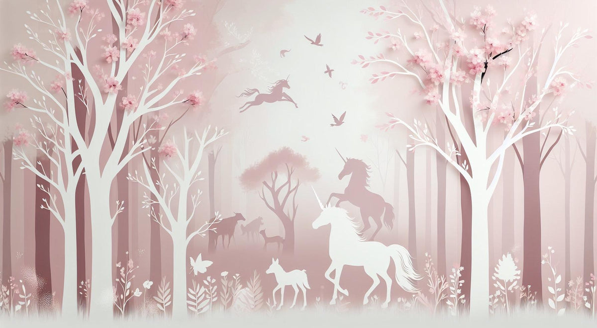 Papier peint licorne forêt rose