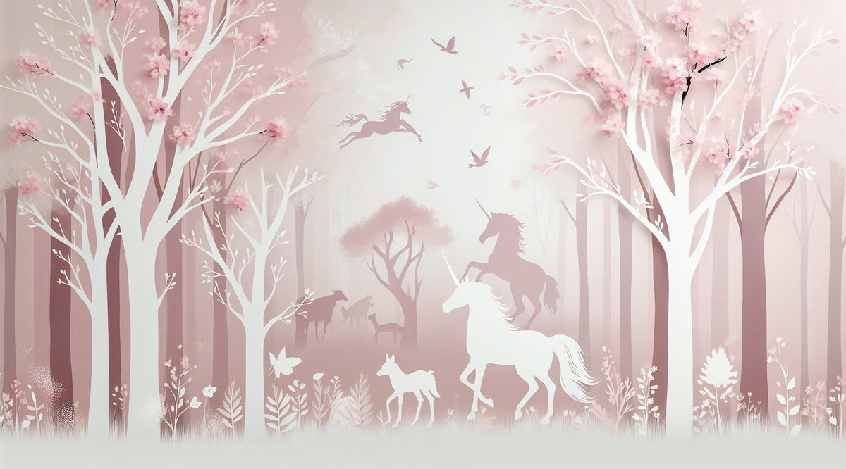Papier peint licorne forêt rose