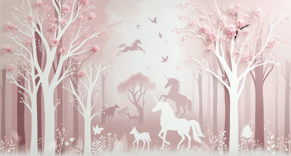 Papier peint licorne forêt rose
