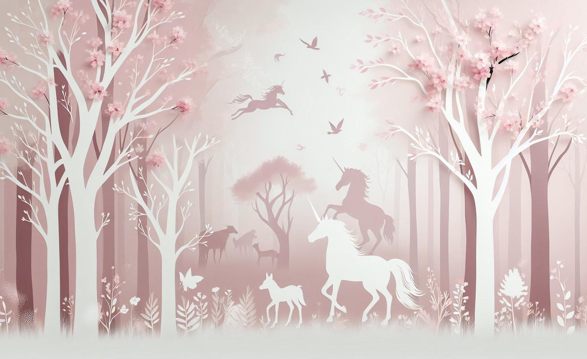Papier peint licorne forêt rose