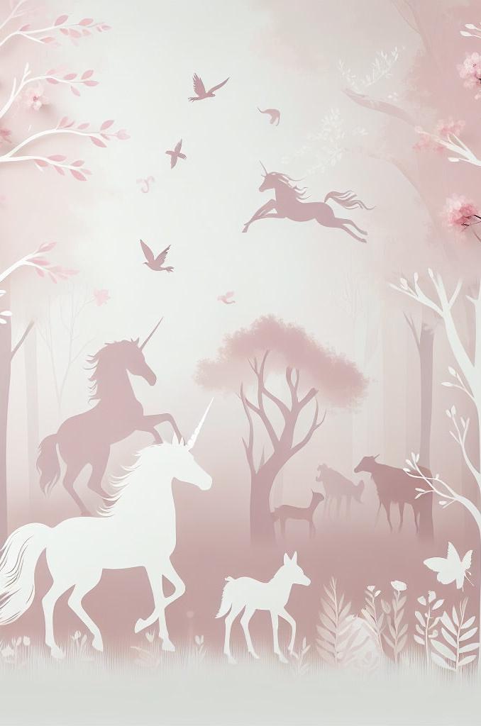 Papier peint licorne forêt rose