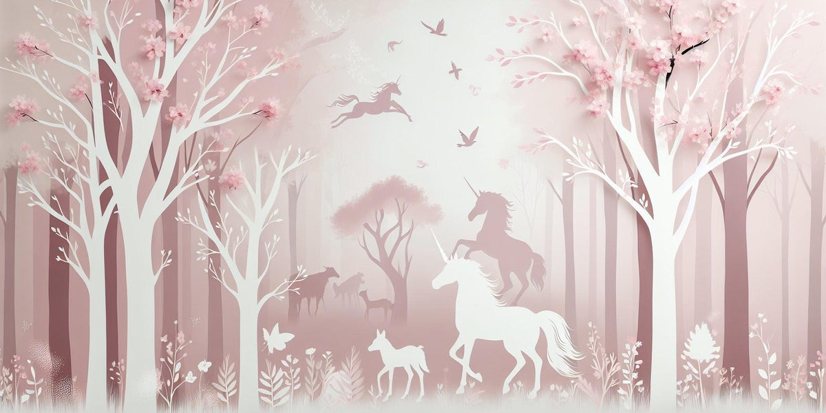 Papier peint licorne forêt rose