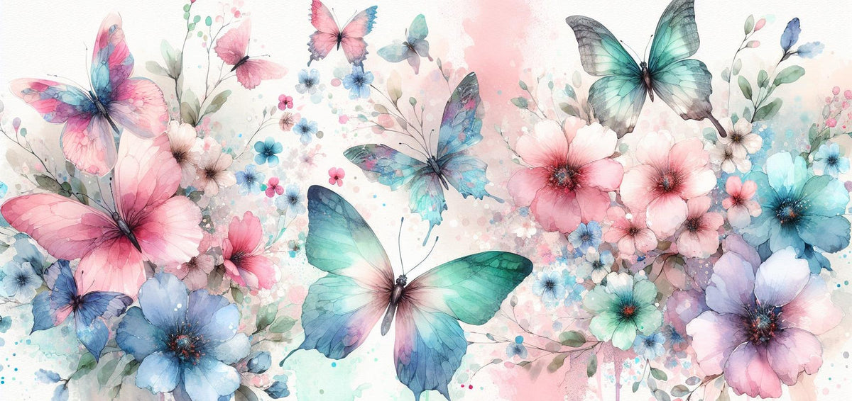 Papier peint papillons aquarelle fleurs roses