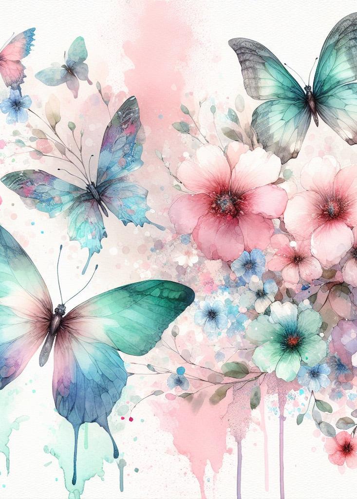 Papier peint papillons aquarelle fleurs roses