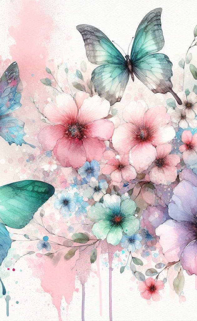 Papier peint papillons aquarelle fleurs roses