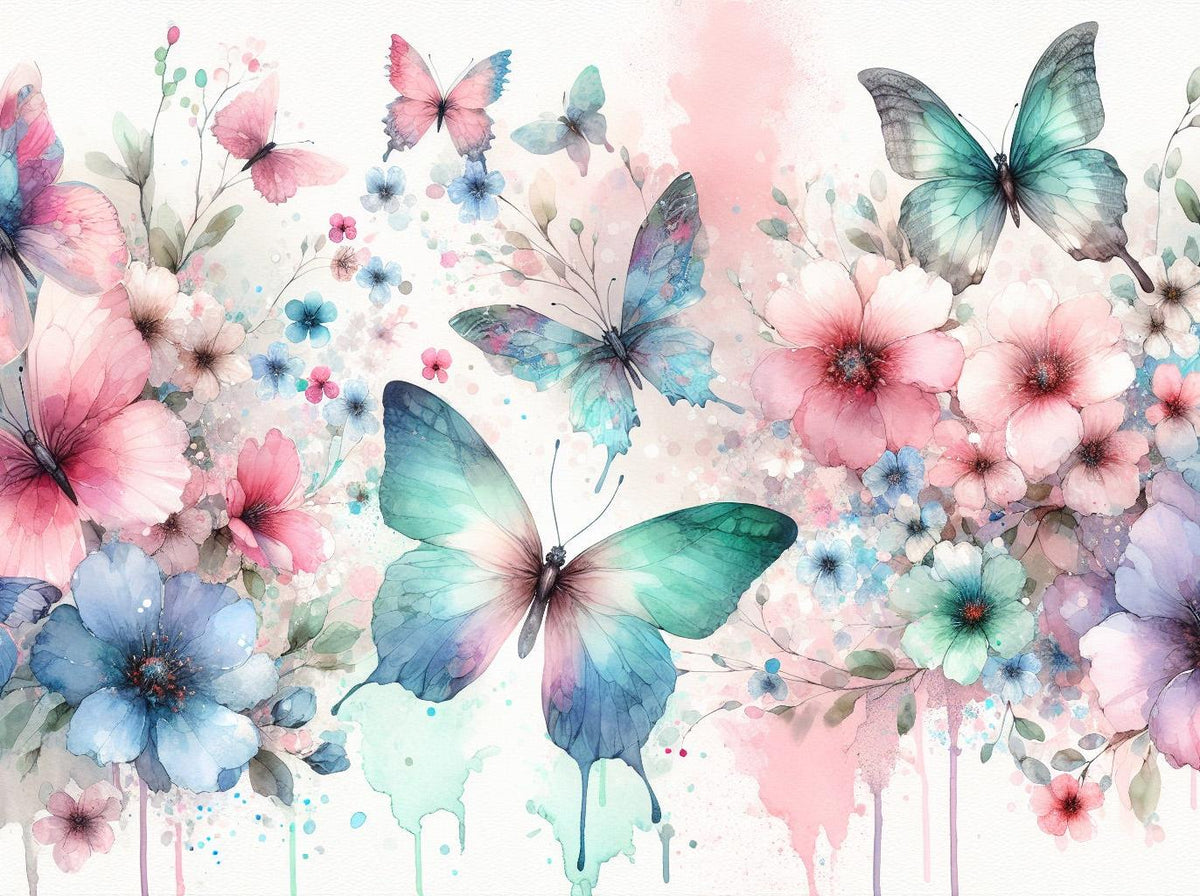 Papier peint papillons aquarelle fleurs roses