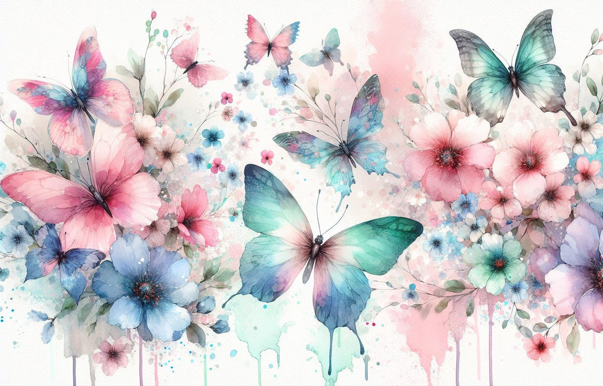 Papier peint papillons aquarelle fleurs roses