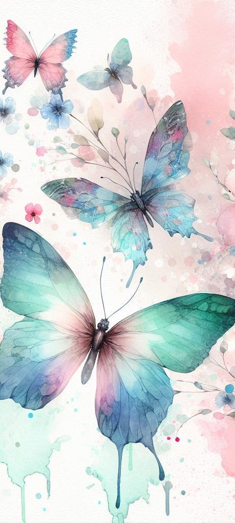 Papier peint papillons aquarelle fleurs roses