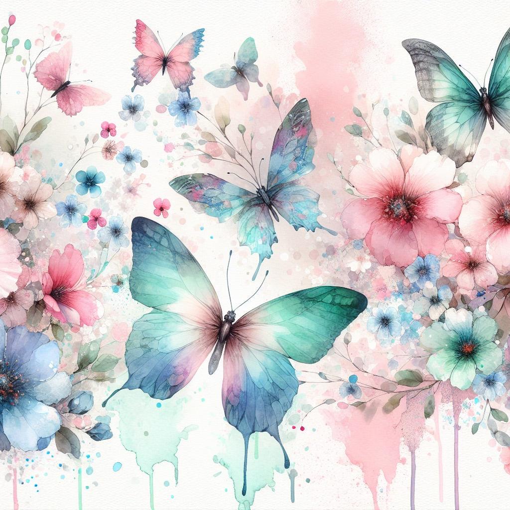 Papier peint papillons aquarelle fleurs roses