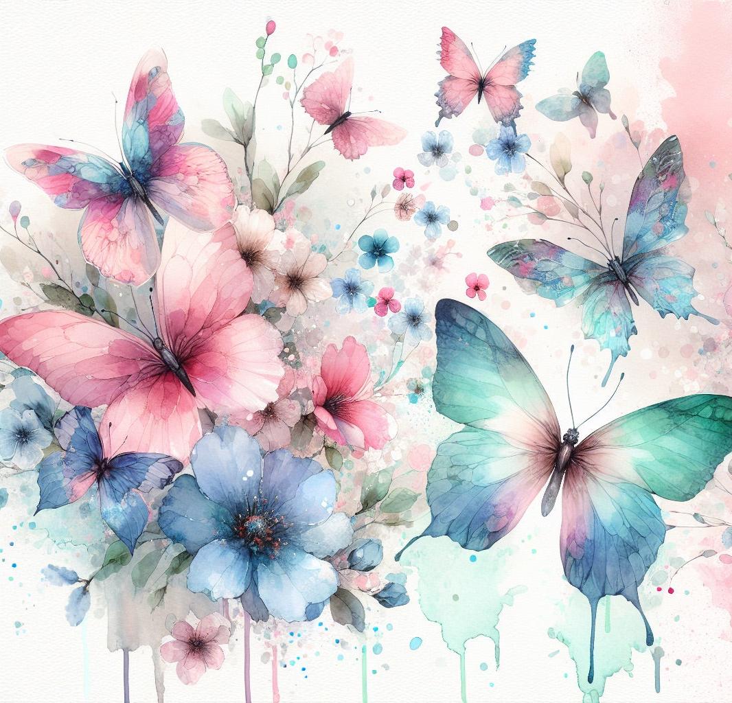 Papier peint papillons aquarelle fleurs roses