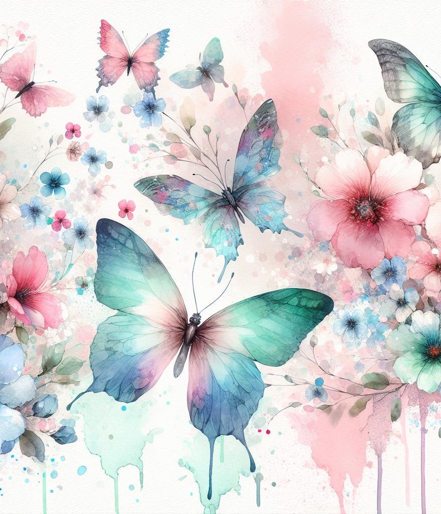Papier peint papillons aquarelle fleurs roses
