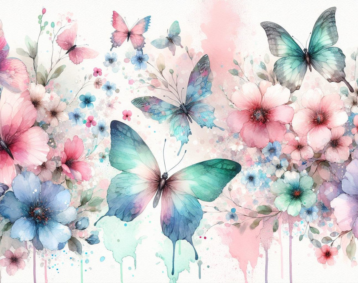Papier peint papillons aquarelle fleurs roses