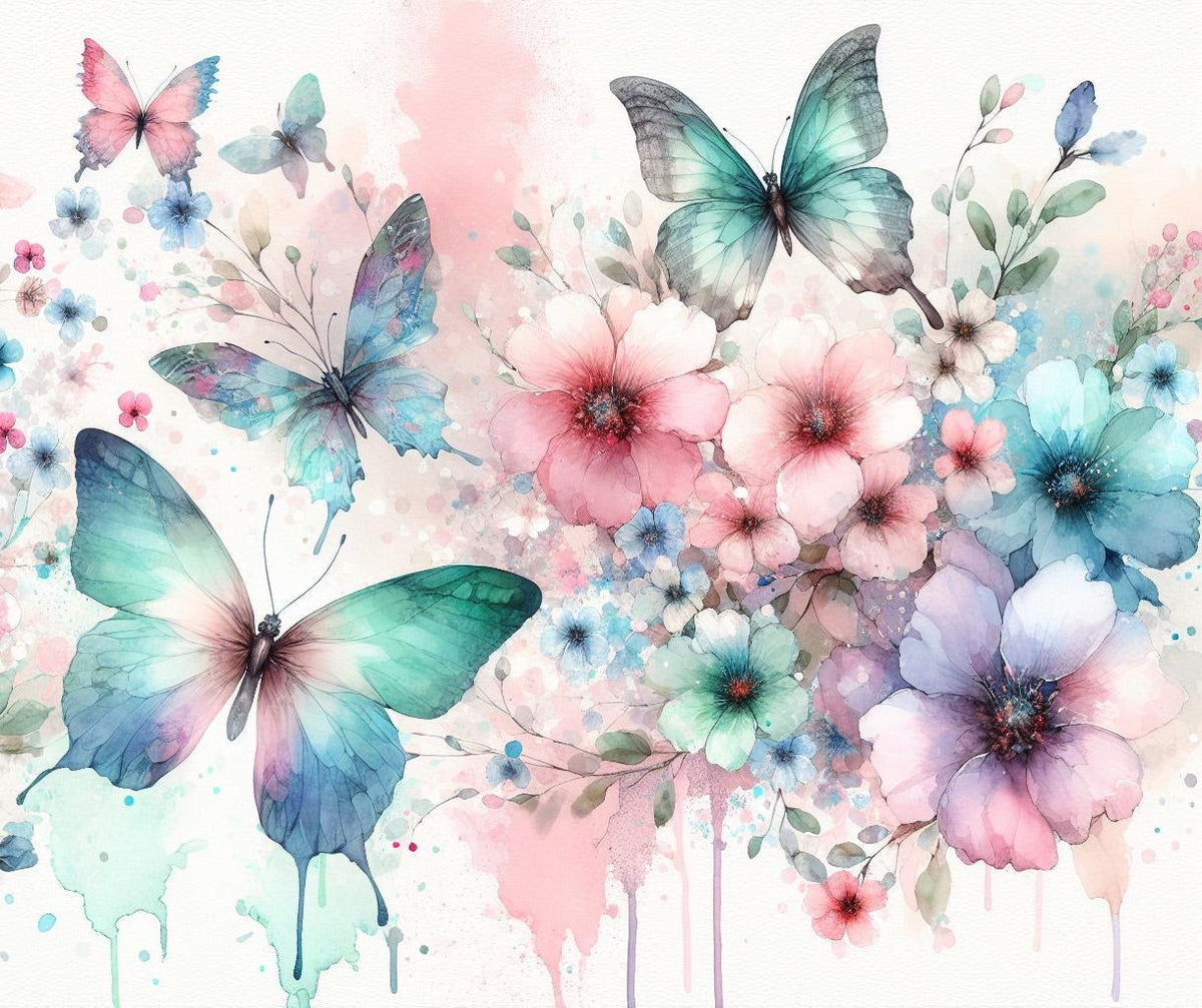 Papier peint papillons aquarelle fleurs roses