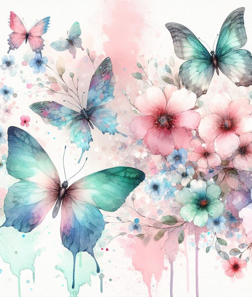 Papier peint papillons aquarelle fleurs roses
