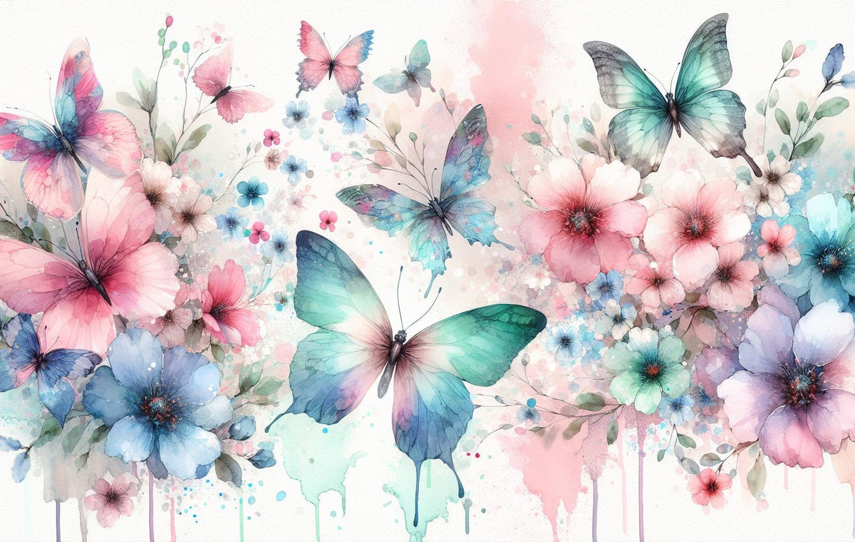 Papier peint papillons aquarelle fleurs roses