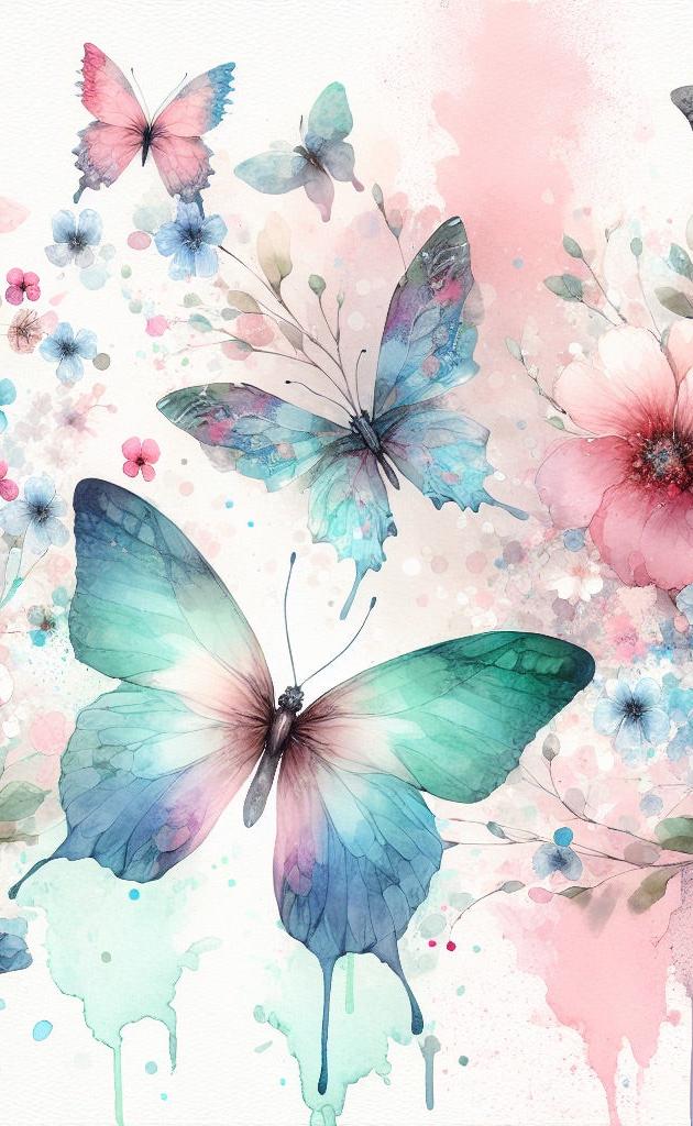 Papier peint papillons aquarelle fleurs roses