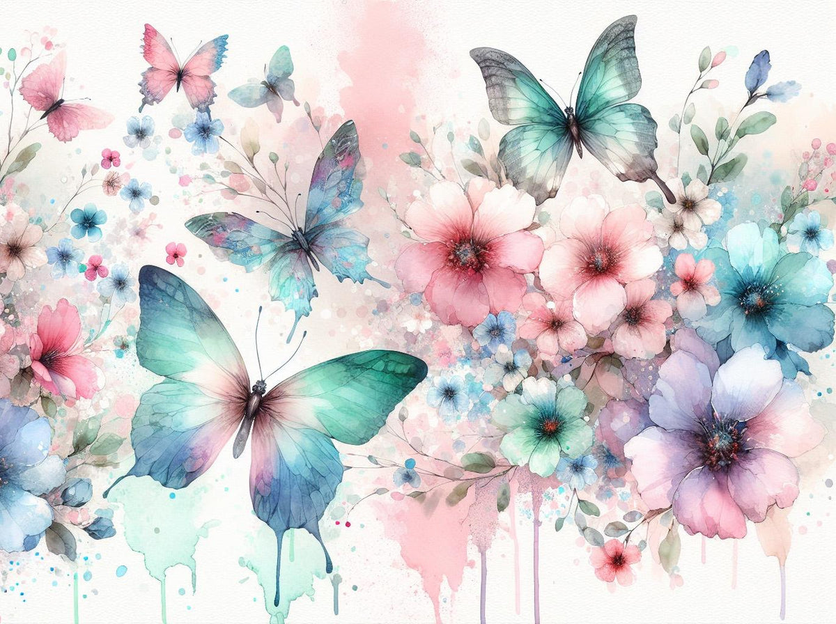 Papier peint papillons aquarelle fleurs roses