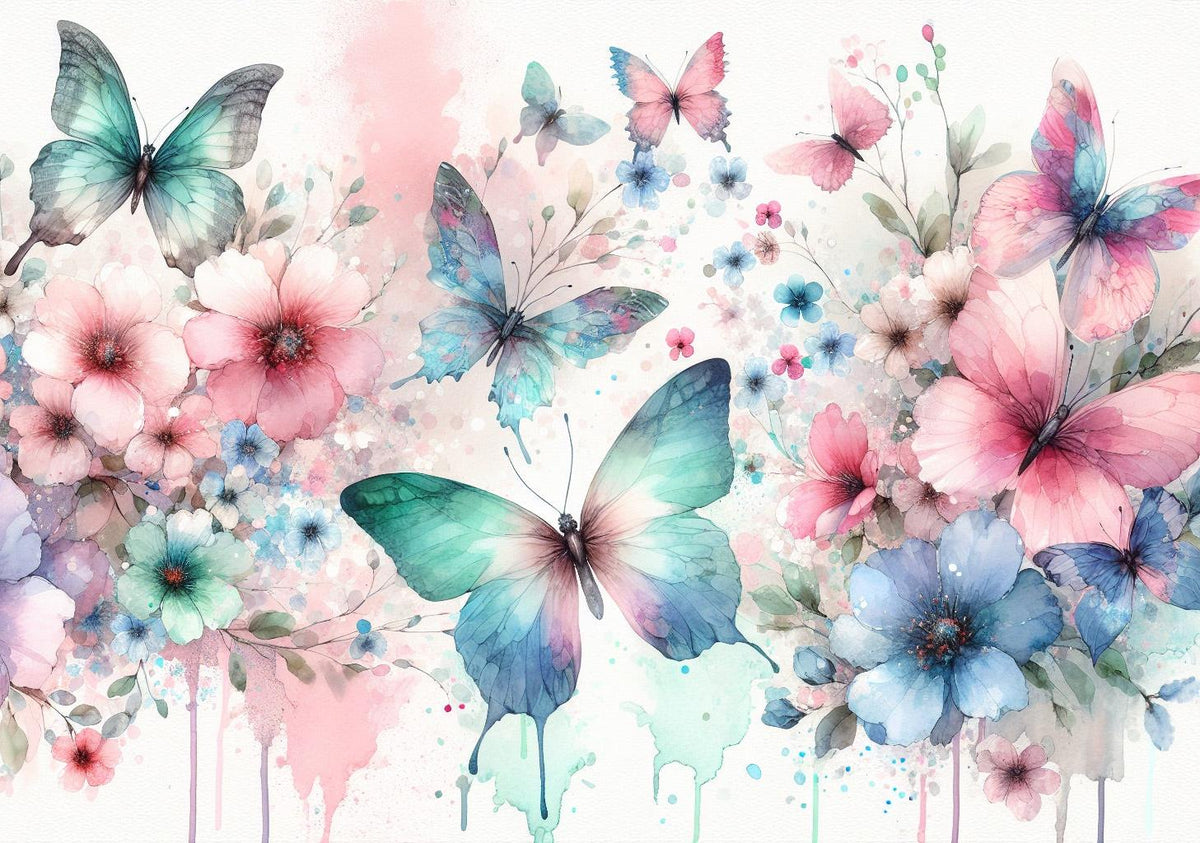 Papier peint papillons aquarelle fleurs roses