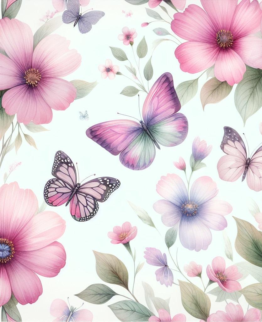 Papier peint papillons et fleurs violettes