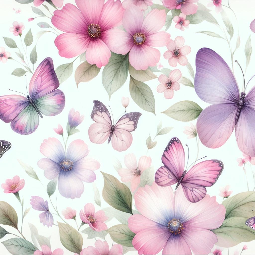 Papier peint papillons et fleurs violettes