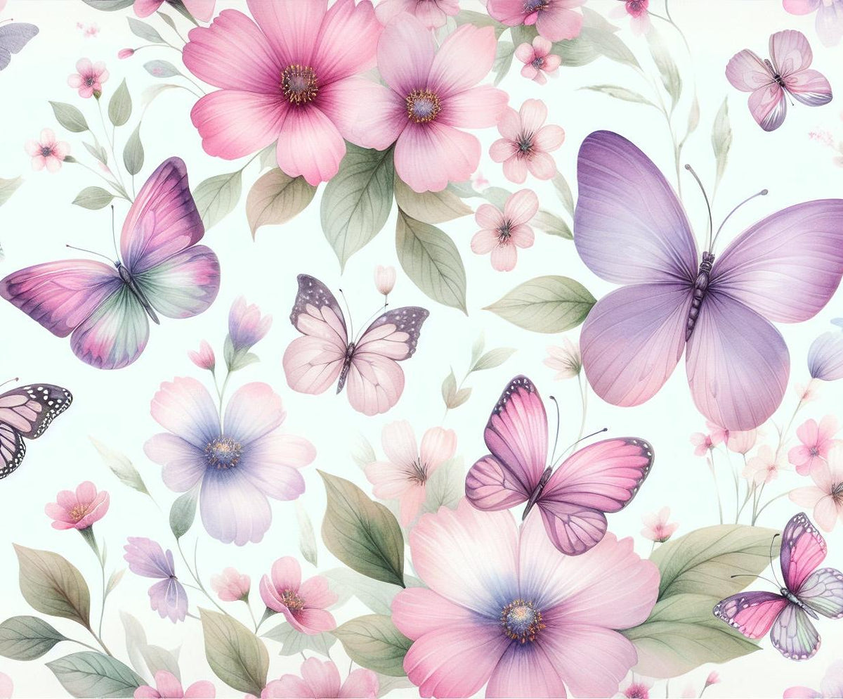 Papier peint papillons et fleurs violettes