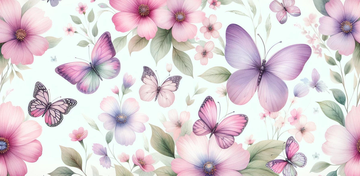 Papier peint papillons et fleurs violettes