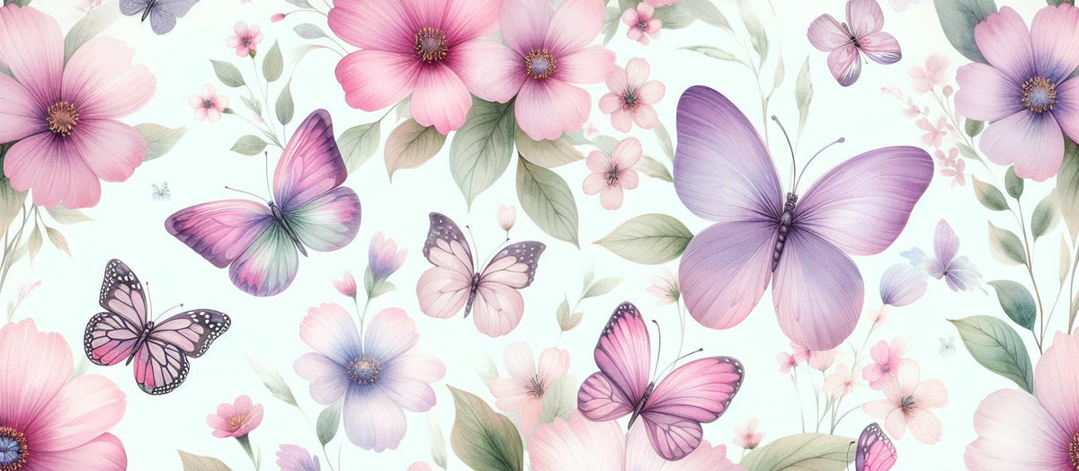 Papier peint papillons et fleurs violettes