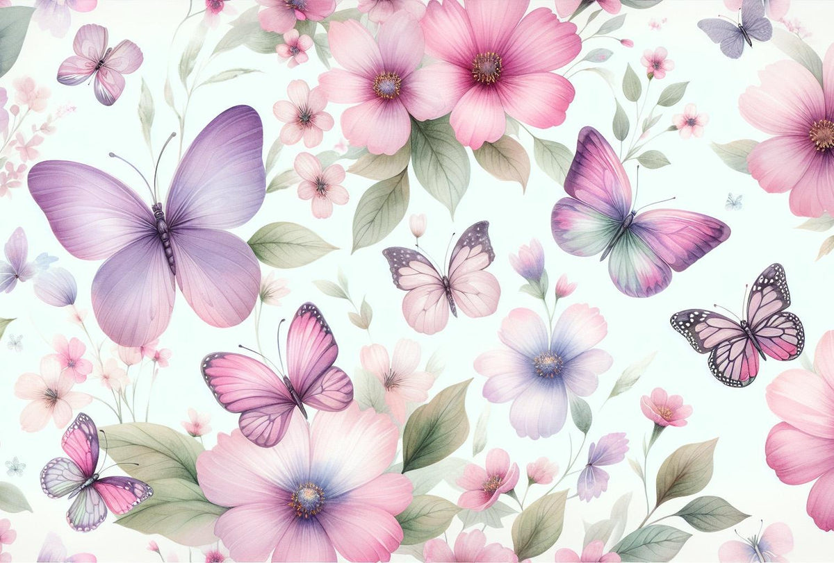 Papier peint papillons et fleurs violettes