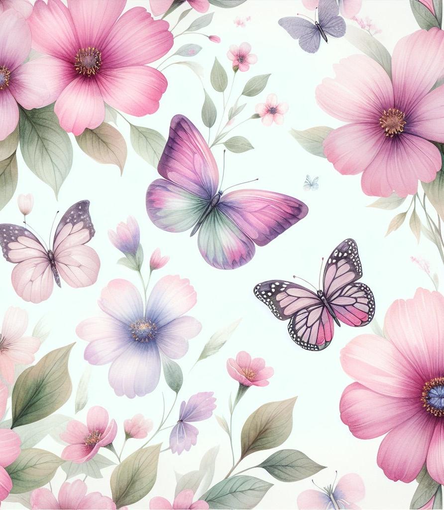 Papier peint papillons et fleurs violettes