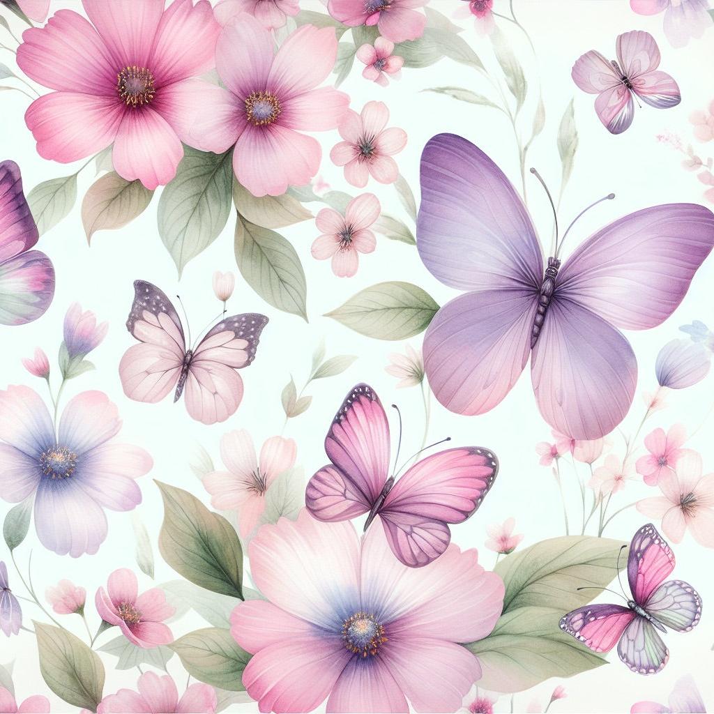Papier peint papillons et fleurs violettes