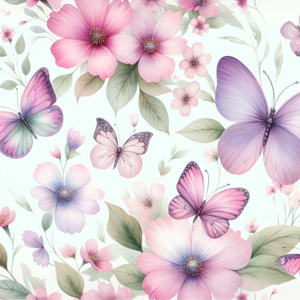 Papier peint papillons et fleurs violettes
