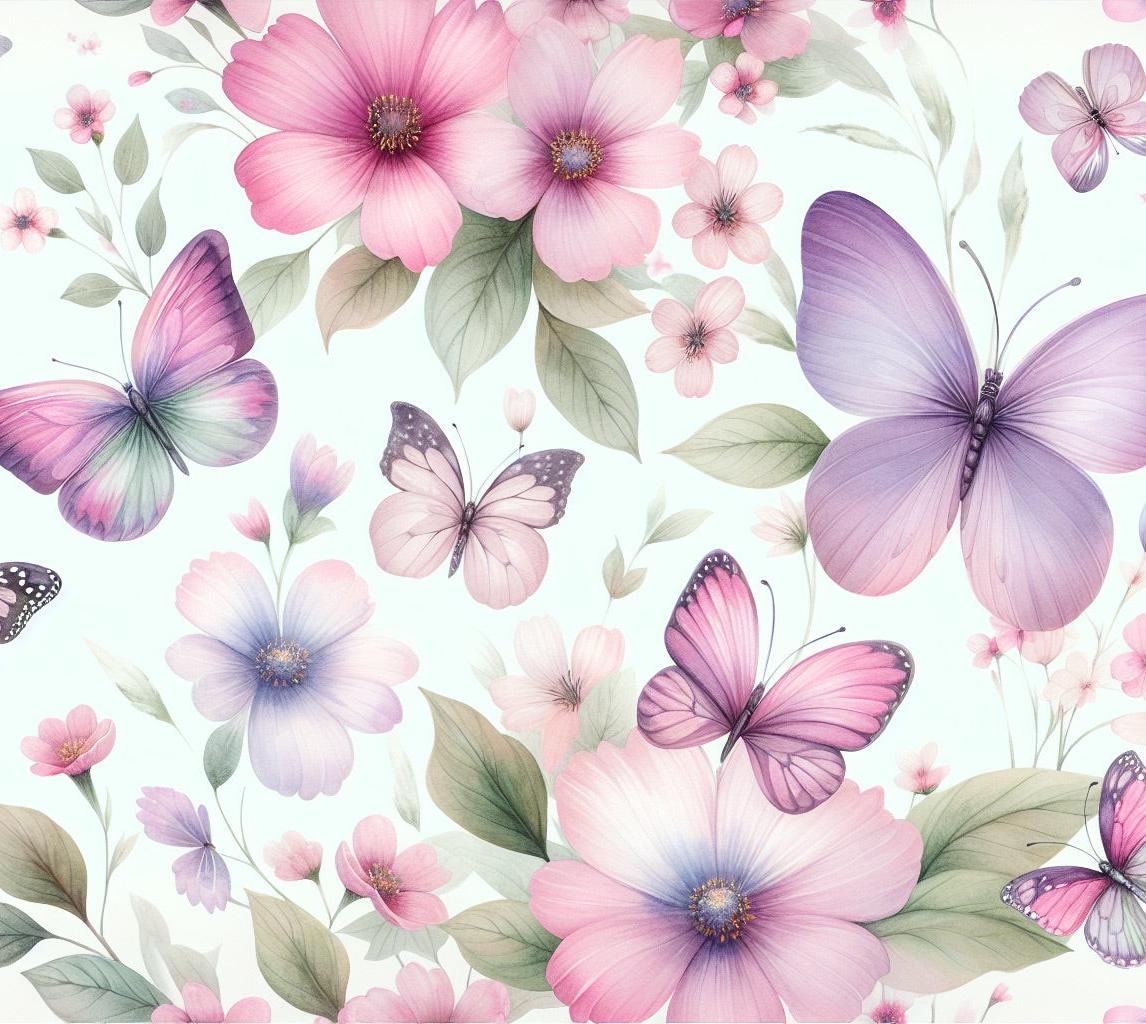 Papier peint papillons et fleurs violettes
