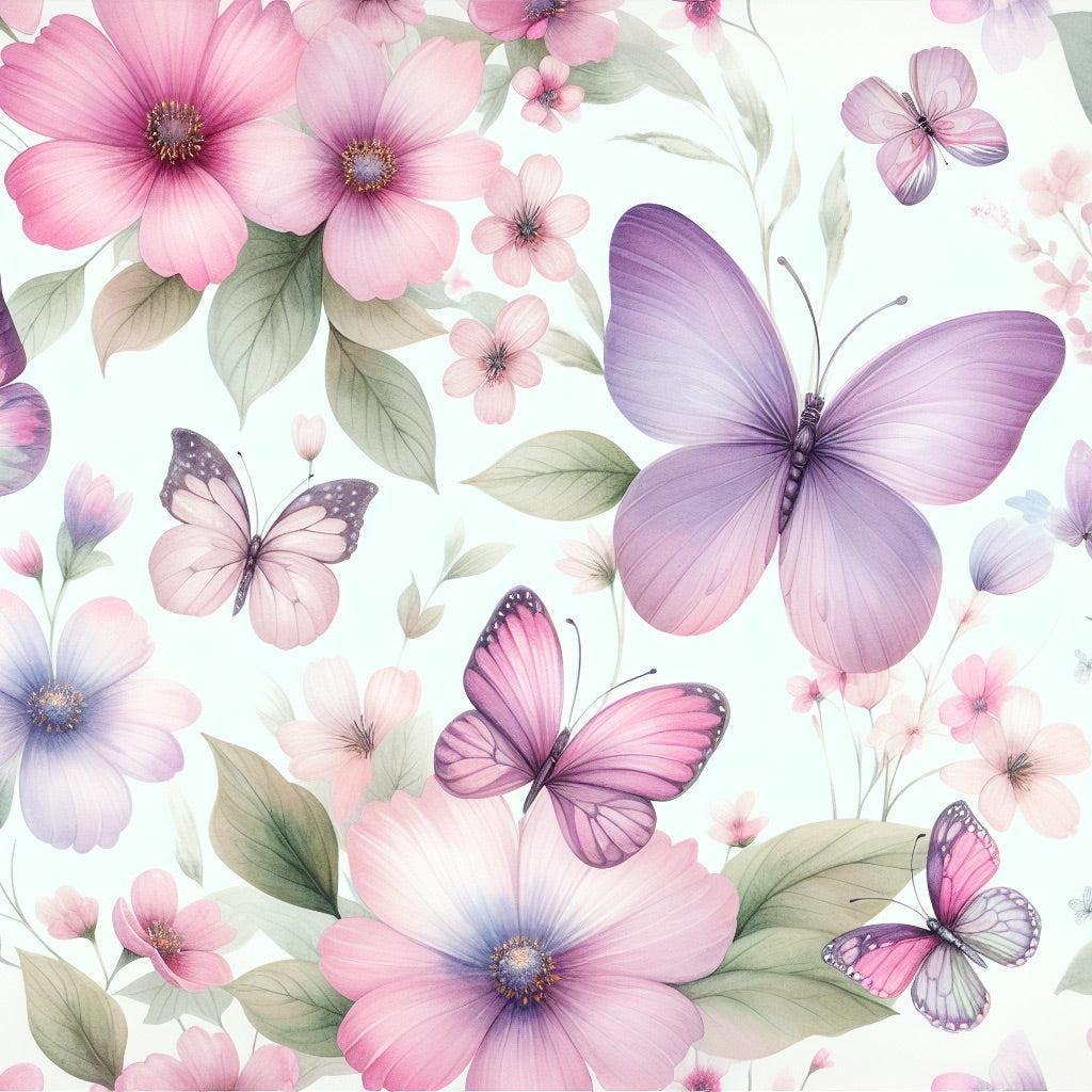 Papier peint papillons et fleurs violettes