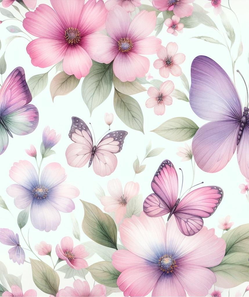 Papier peint papillons et fleurs violettes
