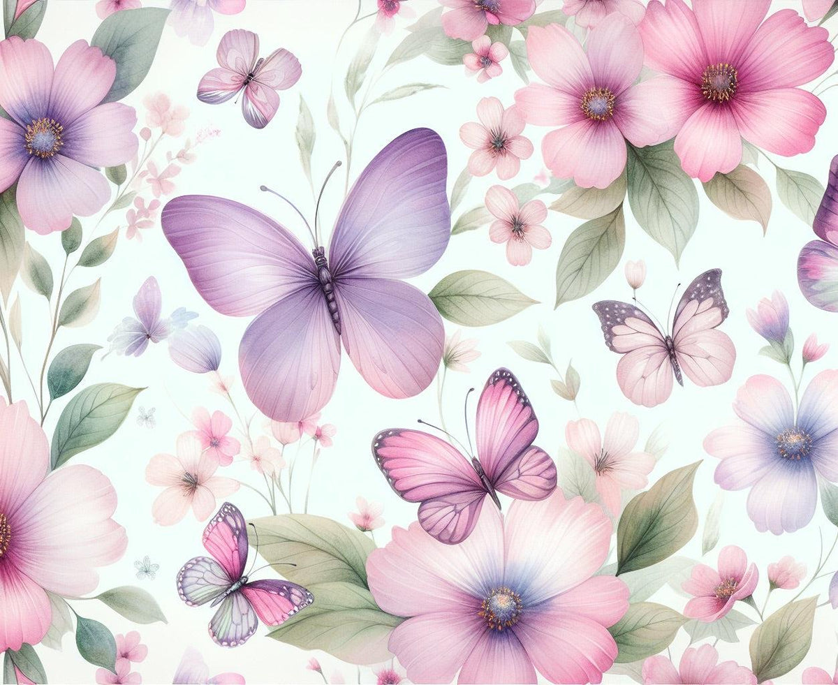 Papier peint papillons et fleurs violettes
