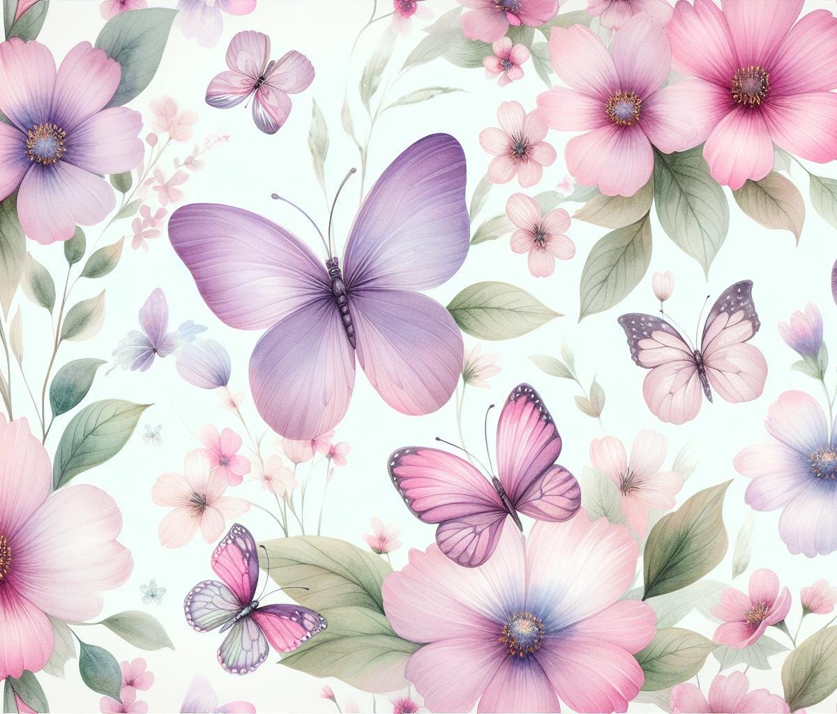Papier peint papillons et fleurs violettes
