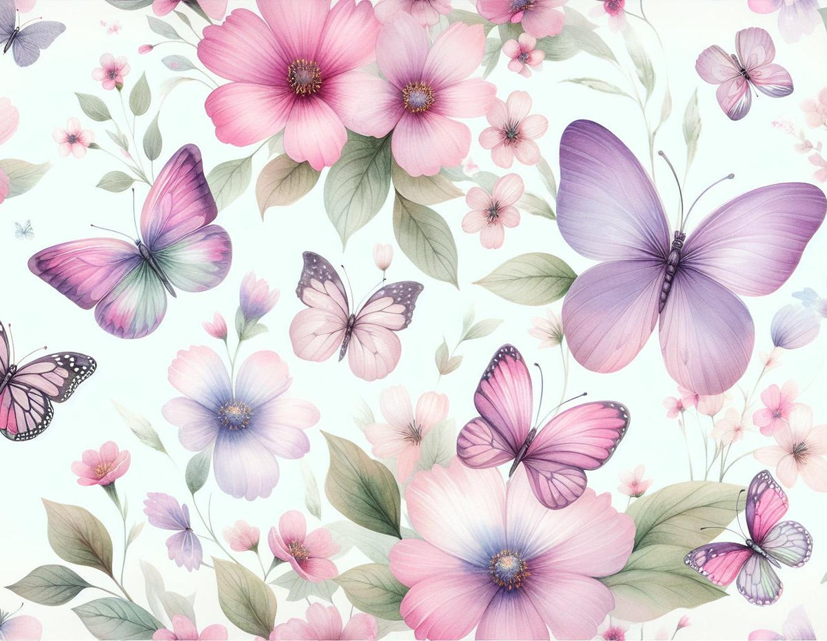Papier peint papillons et fleurs violettes