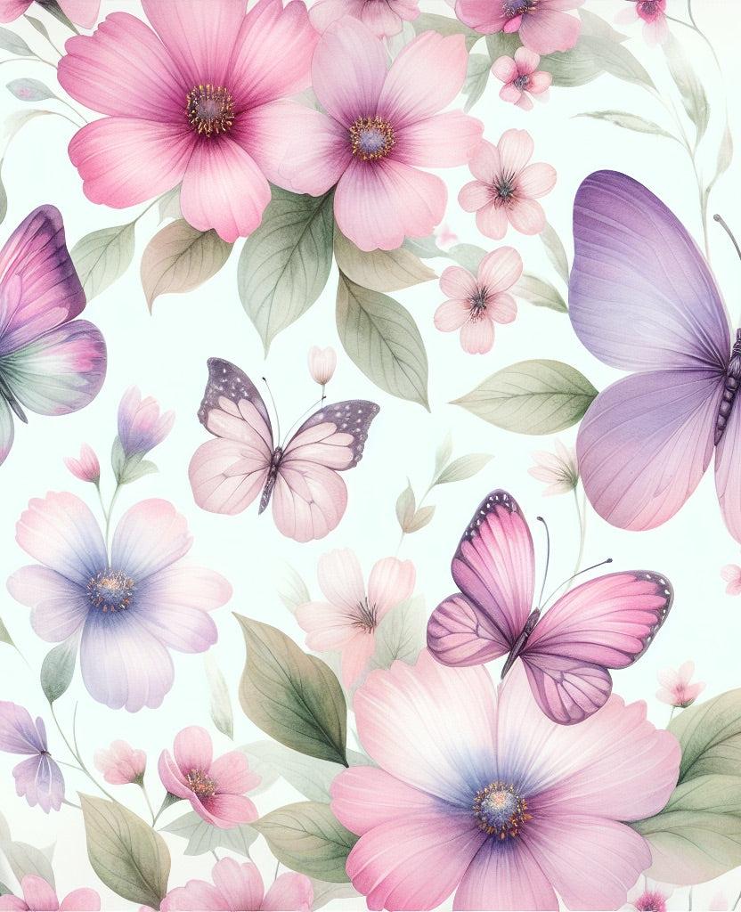 Papier peint papillons et fleurs violettes