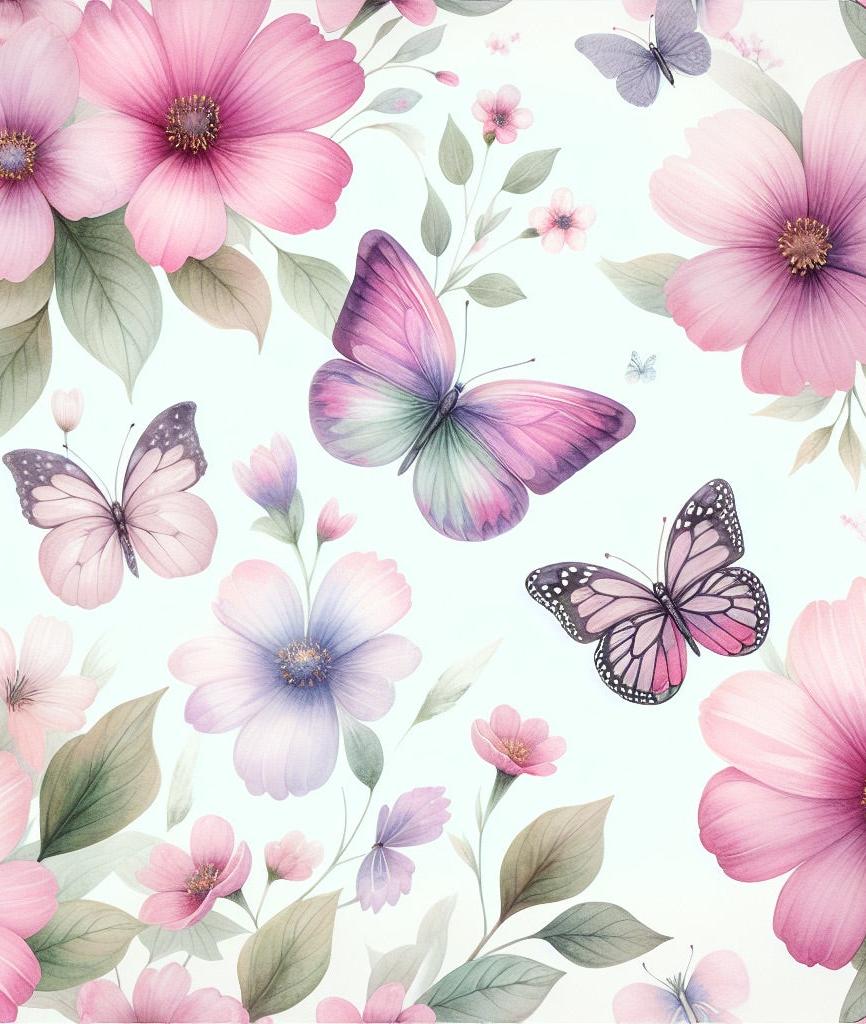 Papier peint papillons et fleurs violettes