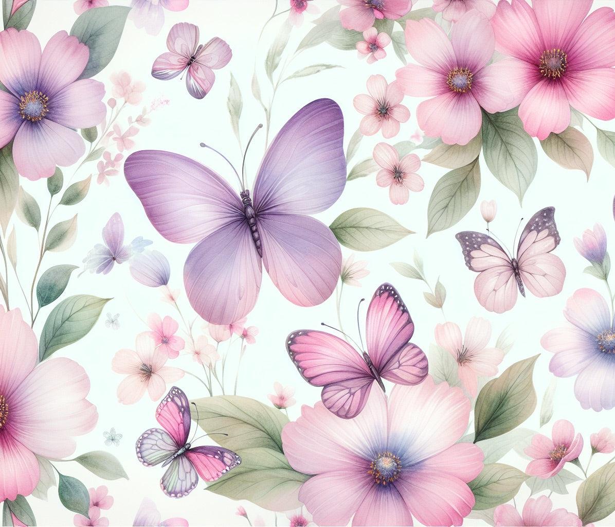 Papier peint papillons et fleurs violettes