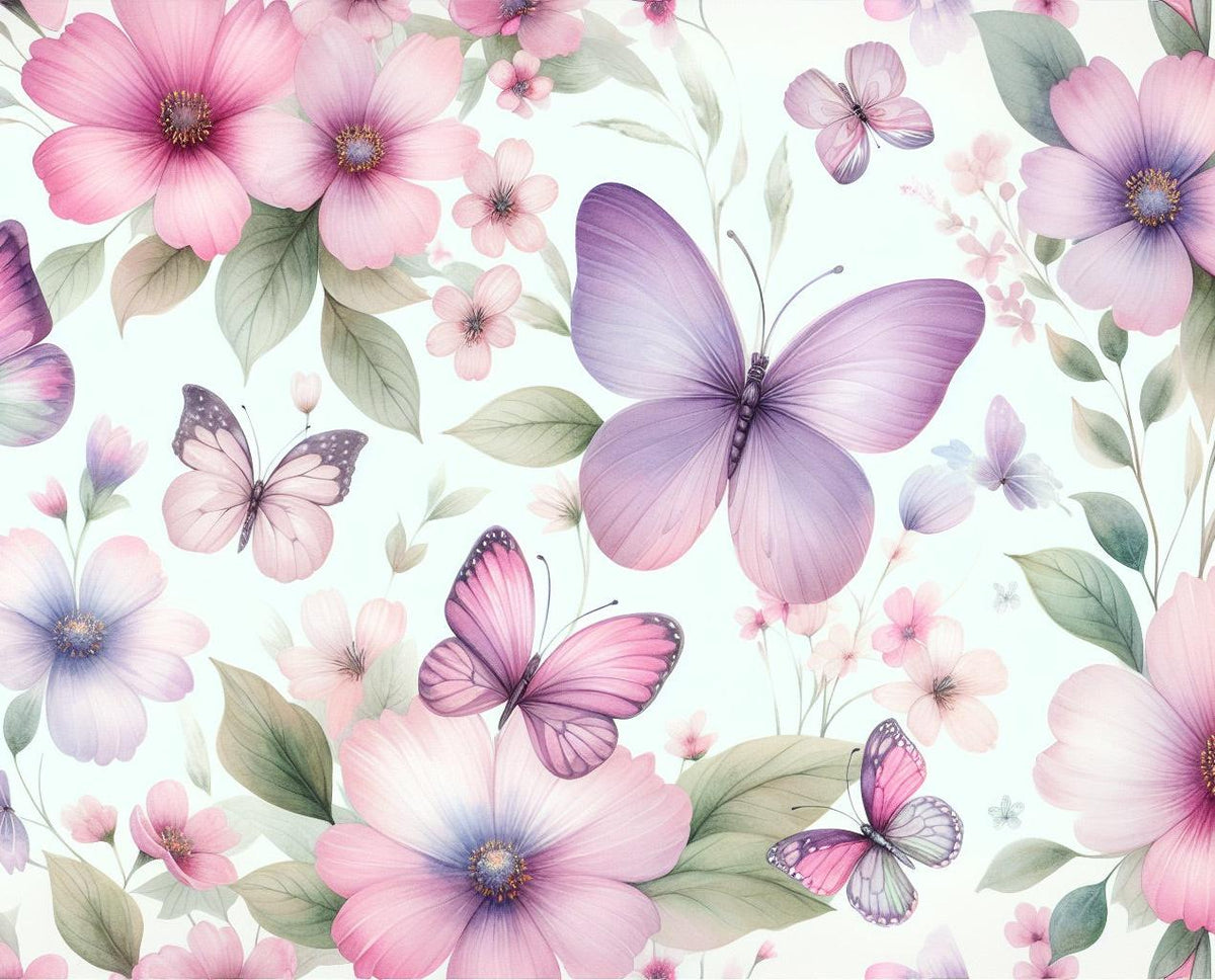 Papier peint papillons et fleurs violettes
