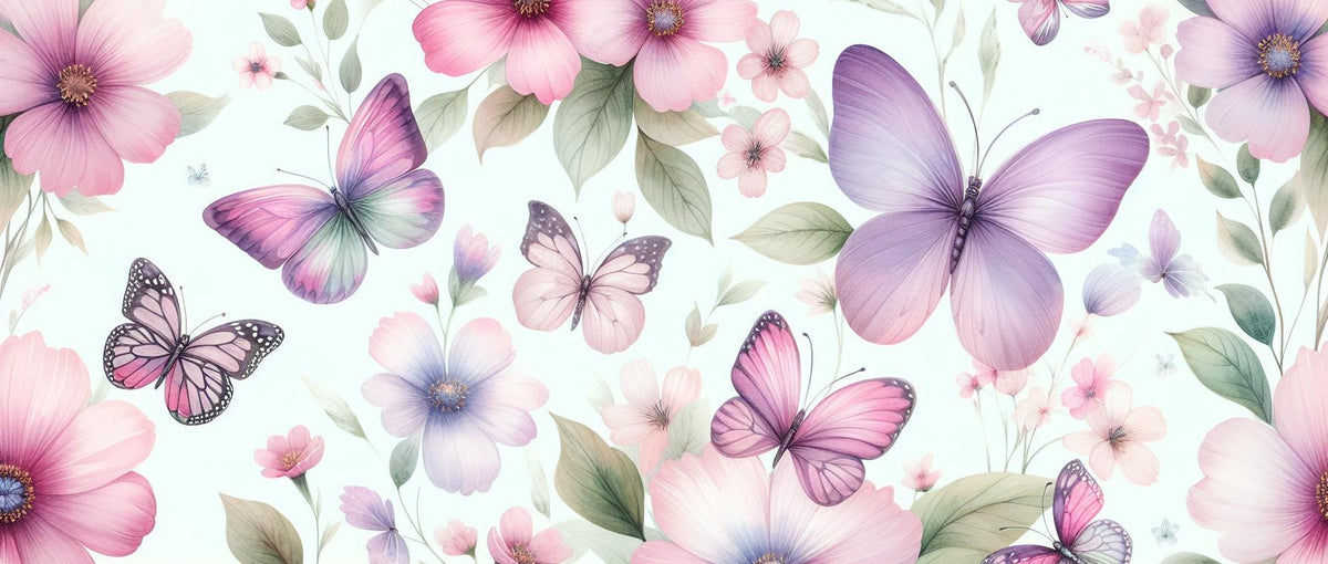 Papier peint papillons et fleurs violettes
