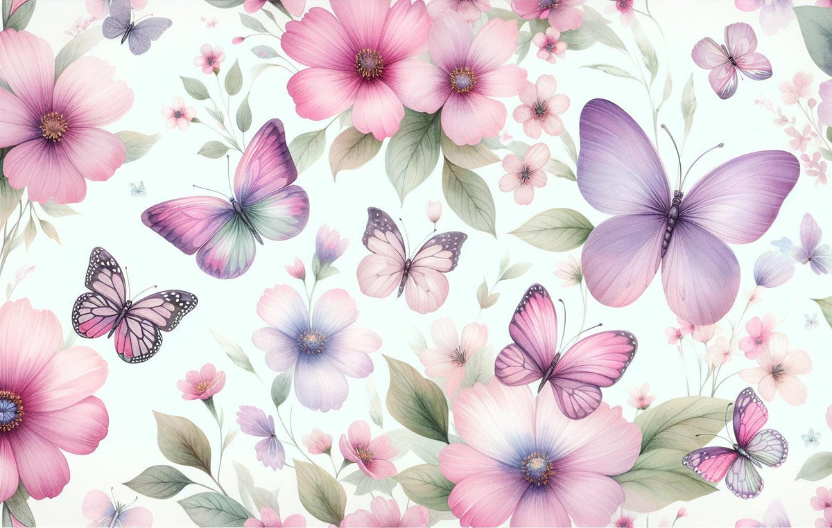 Papier peint papillons et fleurs violettes