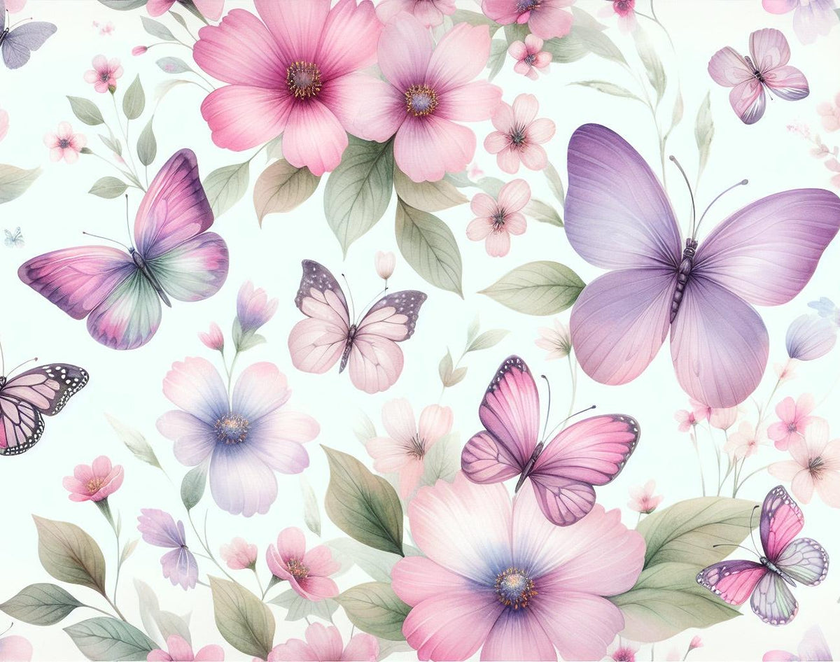 Papier peint papillons et fleurs violettes
