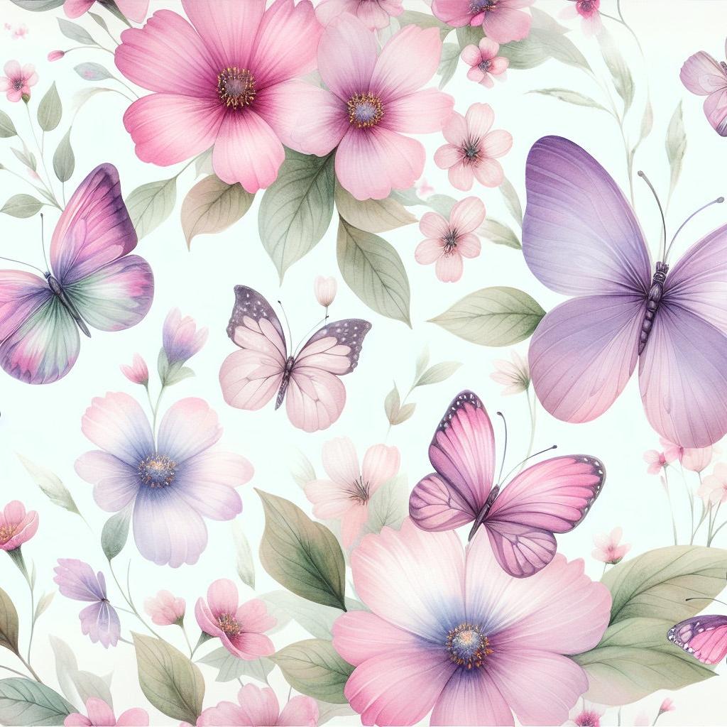 Papier peint papillons et fleurs violettes