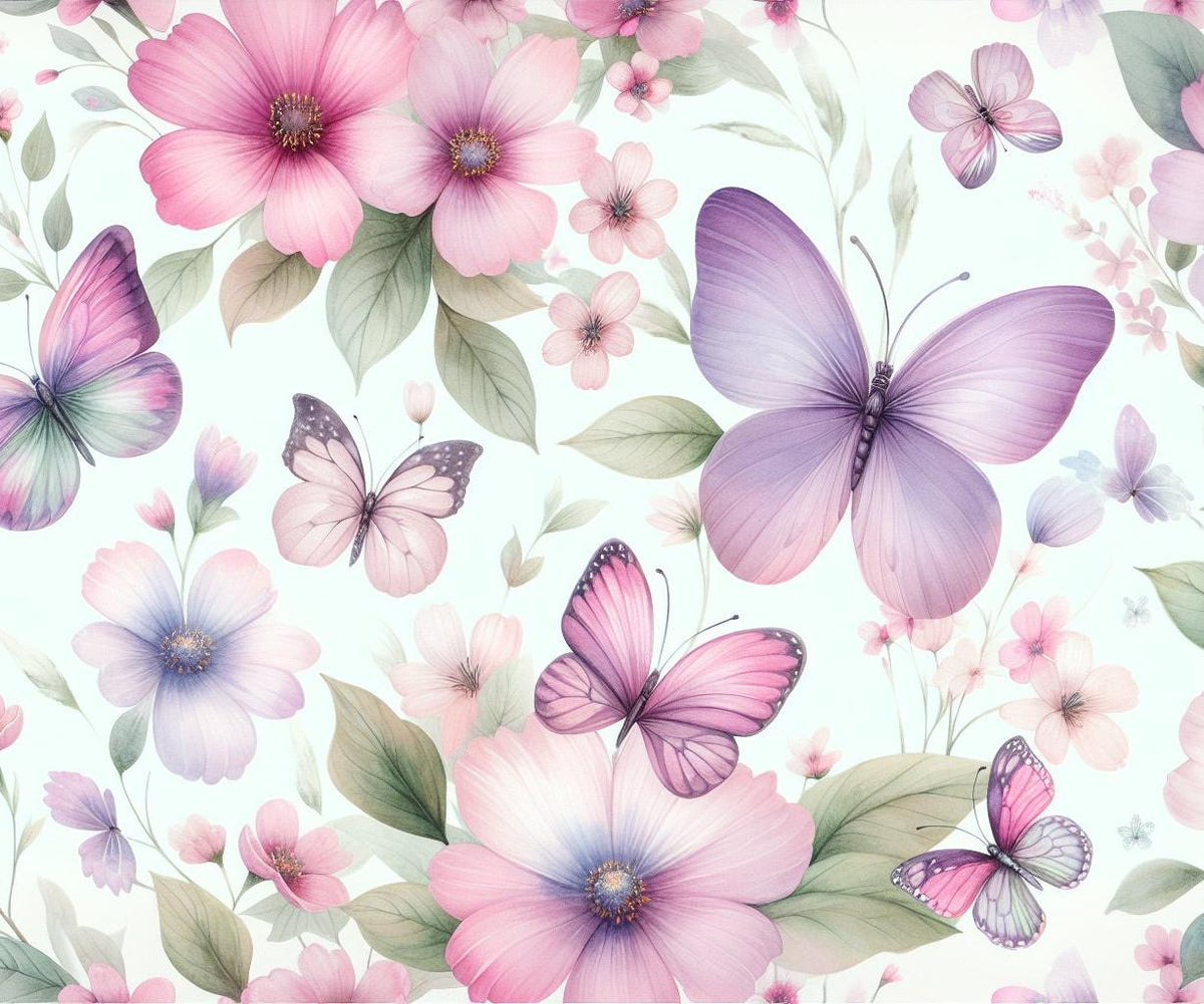 Papier peint papillons et fleurs violettes