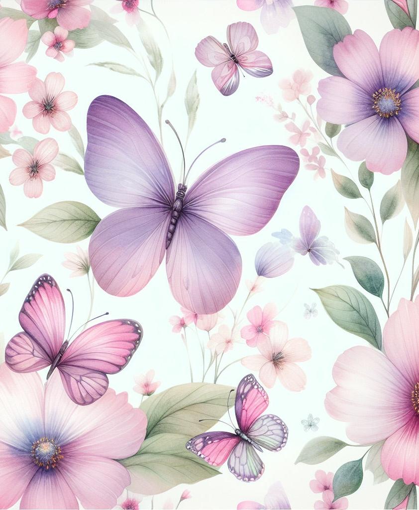 Papier peint papillons et fleurs violettes